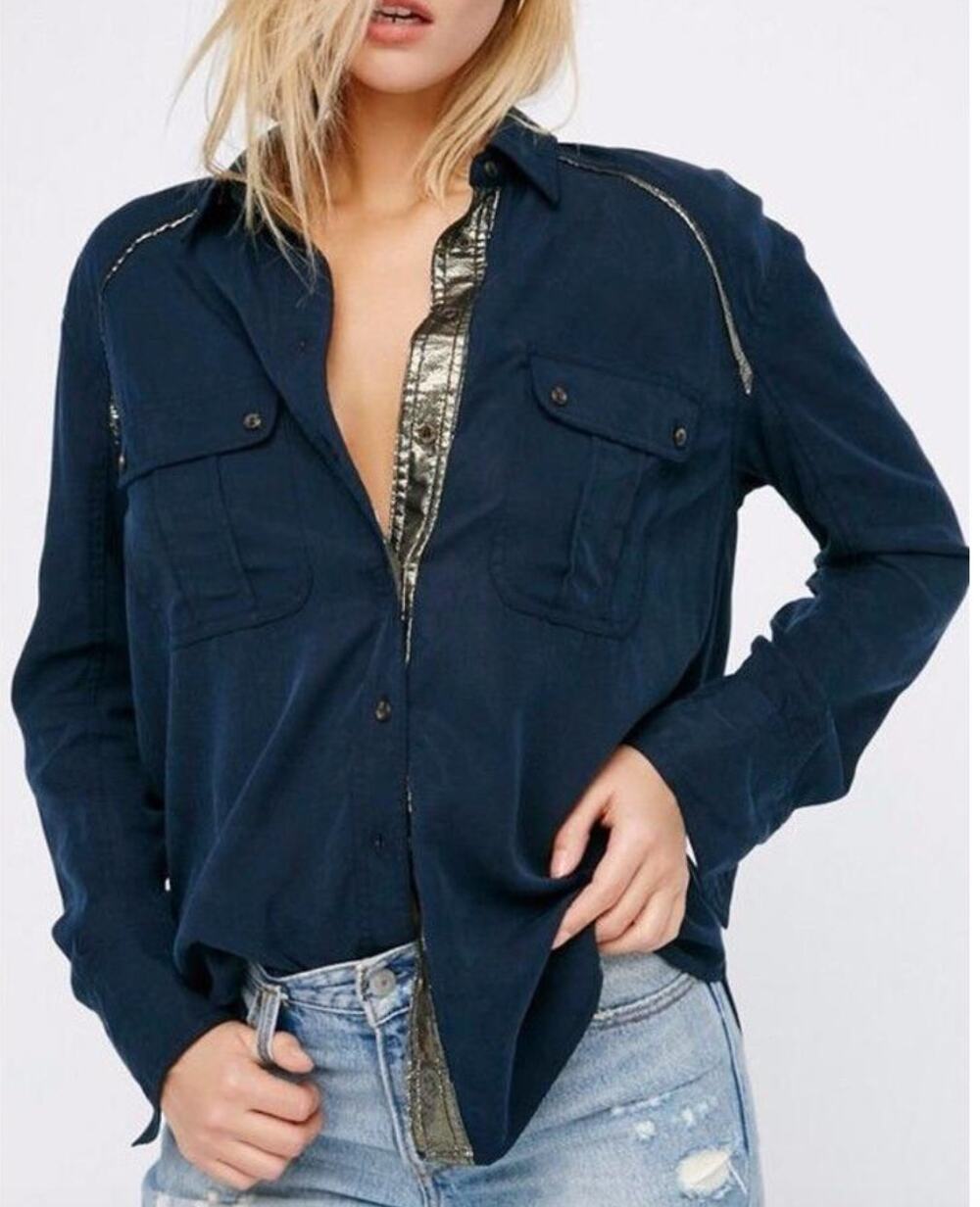 Free People Blue Off Campus Button-Down Long Sleeve Tencel Women's Shirt Size S